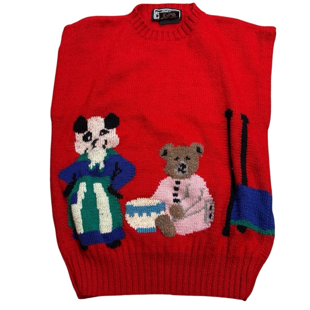 🧶 Vintage Berek Goldilocks 3 Bears Sweater Hand Knit Red Wool Wearable Art L 🧶